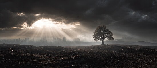 Lonely tree on a desolate plain, sunlit