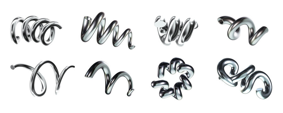 A set of shiny metallic 3D spirals and abstract tubular shapes isolated on transparent background. Modern design elements suitable for futuristic and tech concepts.