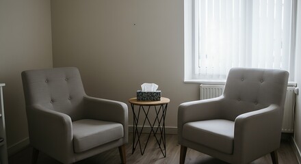 Inviting Therapy Space with Neutral Tones and Comfortable Armchairs for Conversation