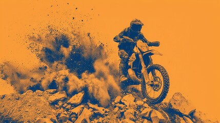 Naklejka premium Motorcycle racing over rough terrain. An off-road motorbike rider speeds over rocks, kicking up dust in a vivid two-tone image of adrenaline and adventure.