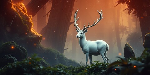 A majestic white deer standing in a mystical forest with glowing orbs and tall dark trees around it