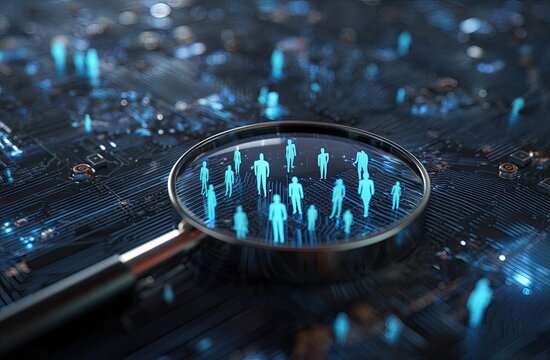 Magnifying glass over people silhouettes on a circuit board