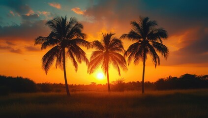 Fototapeta na wymiar Palm trees silhouetted against an orange sunset sky over a grassy field, creating a tropical, serene, and picturesque scene.