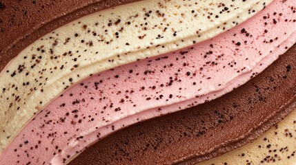 Abstract view of assorted flavor frozen desserts with granular speckles. Close-up view of pink, vanilla, and chocolate layers. Textures and swirls.