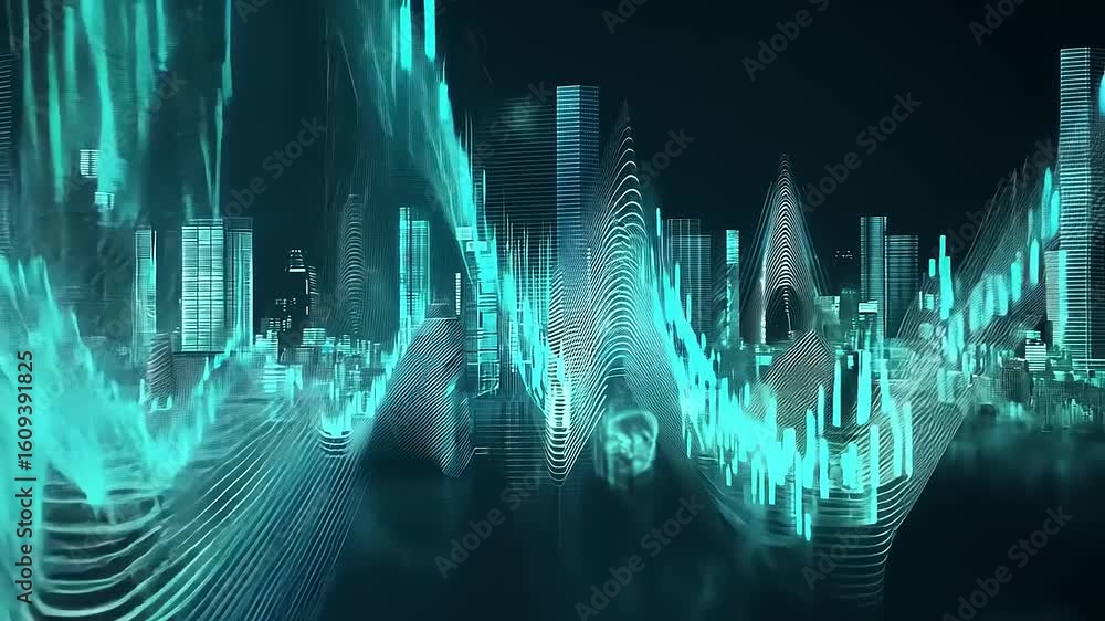 Aufkleber abstract representation of a futuristic city skyline with dynamic sound wave patterns in teal hues
