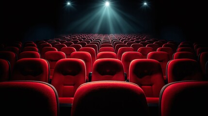 Rows of empty red seats fill a dark auditorium under the spotlight. A classic cinematic experience waiting to happen, creating anticipation and excitement.
