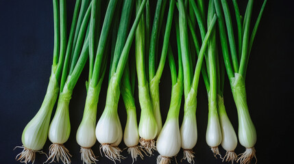 Fresh green onions arranged on a dark surface.