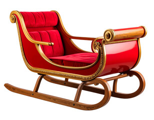 Classic Red Christmas Sleigh with Gold Trim and Empty Seat, Side View, Transparent Background PNG