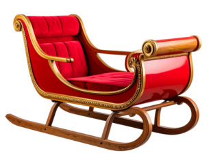 Classic Red Christmas Sleigh with Gold Trim and Empty Seat, Side View, Transparent Background PNG