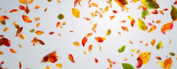 The vibrant leaves falling gracefully against a soft gray background.