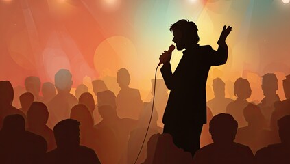 Silhouette of a performer on stage in front of a crowd