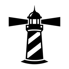 Iconic black silhouette vector illustration of a lighthouse, emitting light beams from both sides.