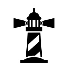 Iconic black silhouette vector illustration of a lighthouse, emitting light beams from both sides.