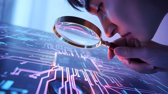 Close up of a person examining a glowing digital circuit board with a magnifying glass - Powered by Adobe