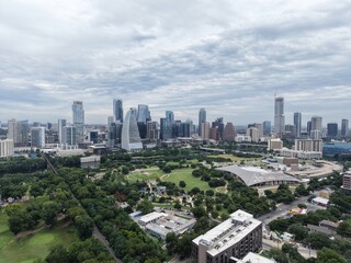 Fototapeta premium Austin's beautiful morning skyline from a unique aerial drone perspective on a cloudy day