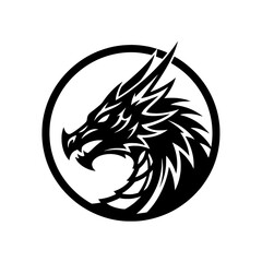 Black vector illustration of a mighty and fierce dragon head inside a circle.