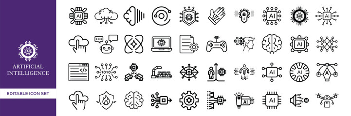 Set of Artificial Intelligence Icons – Digital Technology, Machine Learning, Robot Assistant, Chatbot Support, Data Analysis, Smart Innovation, AI Services, Future Tech, and Information Concept Vector