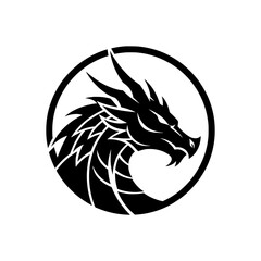 Black vector illustration of a mighty and fierce dragon head inside a circle.