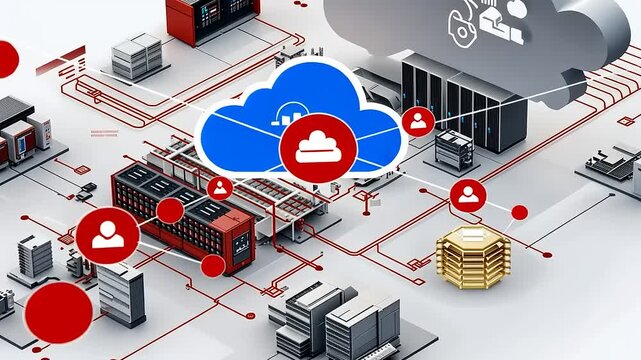 Digital cloud computing infrastructure showcasing data flow and network connections in a modern setting