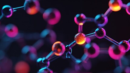 Close-up, colorful 3D molecular structure representation with interconnected atoms and bonds against a dark background.