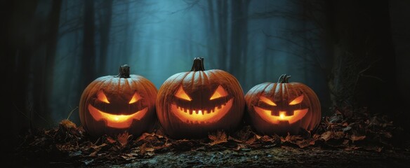 Obraz premium The glowing jack-o-lanterns illuminate a spooky Halloween night in the forest