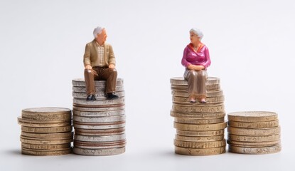 Miniature elderly couple sits on stacks of coins (1)