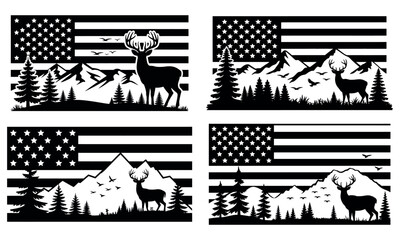 Deer silhouette with american flag and mountain landscape in patriotic wildlife illustration
