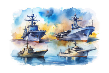 set of watercolor Aircraft Carrier vector illustration isolated on white background
