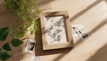 Wooden frame with photos and plant