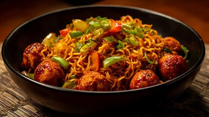 Schezwan noodles with Manchurian balls served hot in bowl showing colorful Indo Chinese food in warm setting