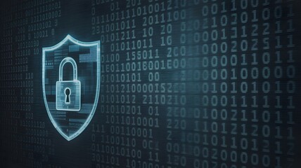 Digital shield with padlock symbol over binary code background