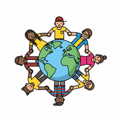 Diverse group of people holding hands around a globe, symbolizing global unity and interconnectedness.