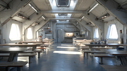 Realistic sci-fi spaceship interior with mess hall for small crew featuring built-in tables and benches, high ceiling, and functional kitchen counter area. Futuristic design concept.