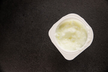 Yogurt natural dairy product Skyr fresh delicious gourmet food background on the table rustic food top view copy space keto and paleo diet vegetarian and vegan food