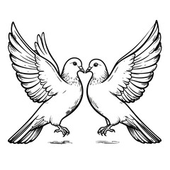 Obraz premium Symmetrical black and white line art of two loving doves facing each other with spread wings.
