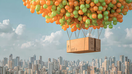 Huge minimal brown cardboard delivery box suspended below vibrant orange and green balloons floating over Mumbai skyline, bright sunny day with vivid colors.