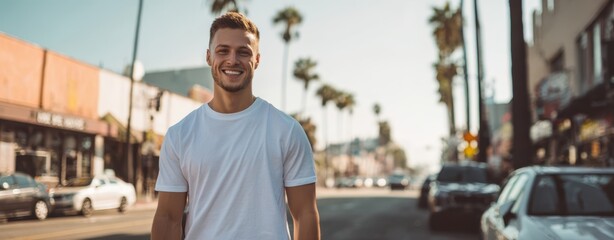 Obraz premium The smiling man enjoying a sunny street in a vibrant urban setting.