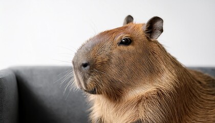capybara on a couch trendy viral pet meme animal white copy space top room for text