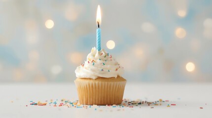 Birthday cupcake with candle on light grey table against blurred lights. Space for text 