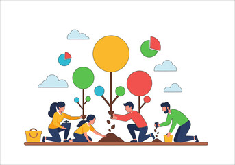 An illustration of a team collaborating to plant colorful trees, symbolizing business growth and investment.