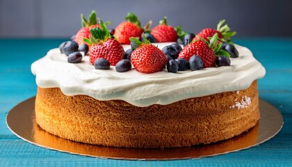 delicious cake with frosting cream and ripe berries
