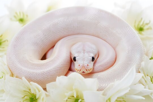 A beautiful albino ball python coiled gracefully amidst a bed of delicate white flowers showcasing its unique pale coloration and gentle nature