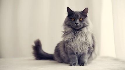 Majestic long haired gray cat sitting elegantly against a soft neutral background