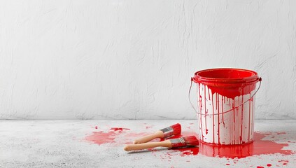 Red paint bucket and brushes on a floor