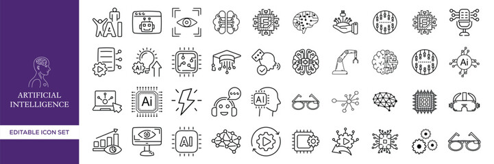 Set of Artificial Intelligence Icons – Digital Technology, Machine Learning, Robot Assistant, Chatbot Support, Data Analysis, Smart Innovation, AI Services, Future Tech, and Information Concept Vector