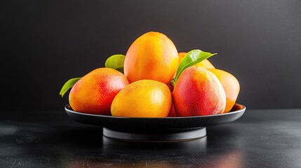 Juicy mangoes arranged in a bowl on deep black background for a modern, minimalistic food photo