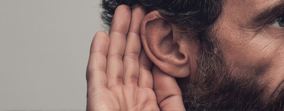 The man listening intently with hand cupped to ear in a thoughtful gesture.