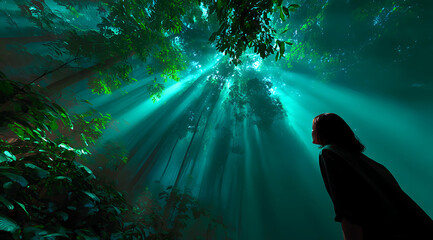 A woman walking through a lush vibrant rainforest with towering ancient trees and shafts of sunlight piercing the dense canopy, ethereal mist swirling around creating a sense of awe and wonder.
