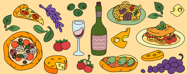 Fancy Amalfi cooking set with pizza, pasta and fruit pattern. Playful, fancy graphics with olives and cocktail. Amalfi Mediterranean cuisine set for menu design. Vector illustration