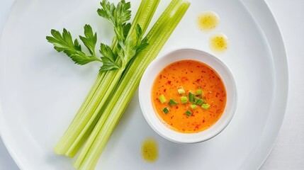Minimalist celery and dipping sauce arrangement on white plate with a modern food styling touch